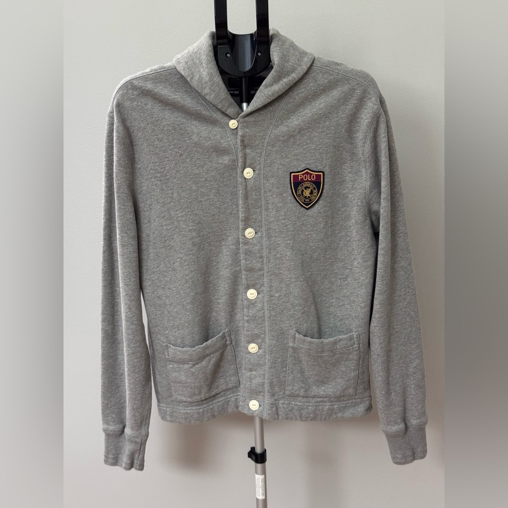 Ralph Lauren Grey Fleece Jacket with Crest Patch, Size L